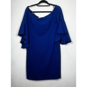 Calvin Klein Dress Royal Blue Off-The-Shoulder Zip Ruffled Short Sleeve Sz 16